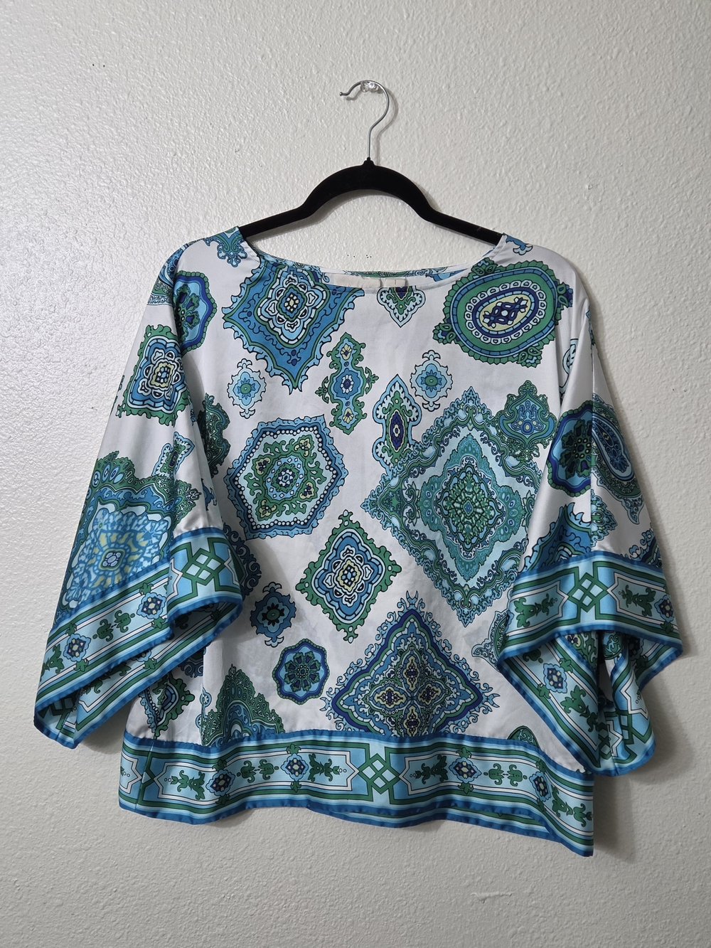 Chico's White Blouse with Blue & Green Medallion Print